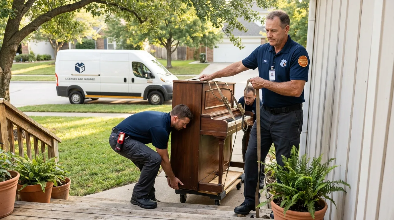 Licensed piano movers securing grand piano in Bad Axe, MI