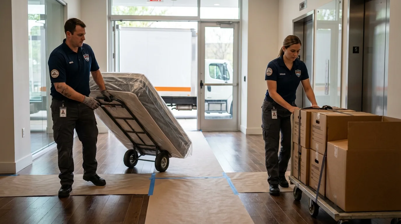 Professional apartment movers loading elevator in Bad Axe, MI