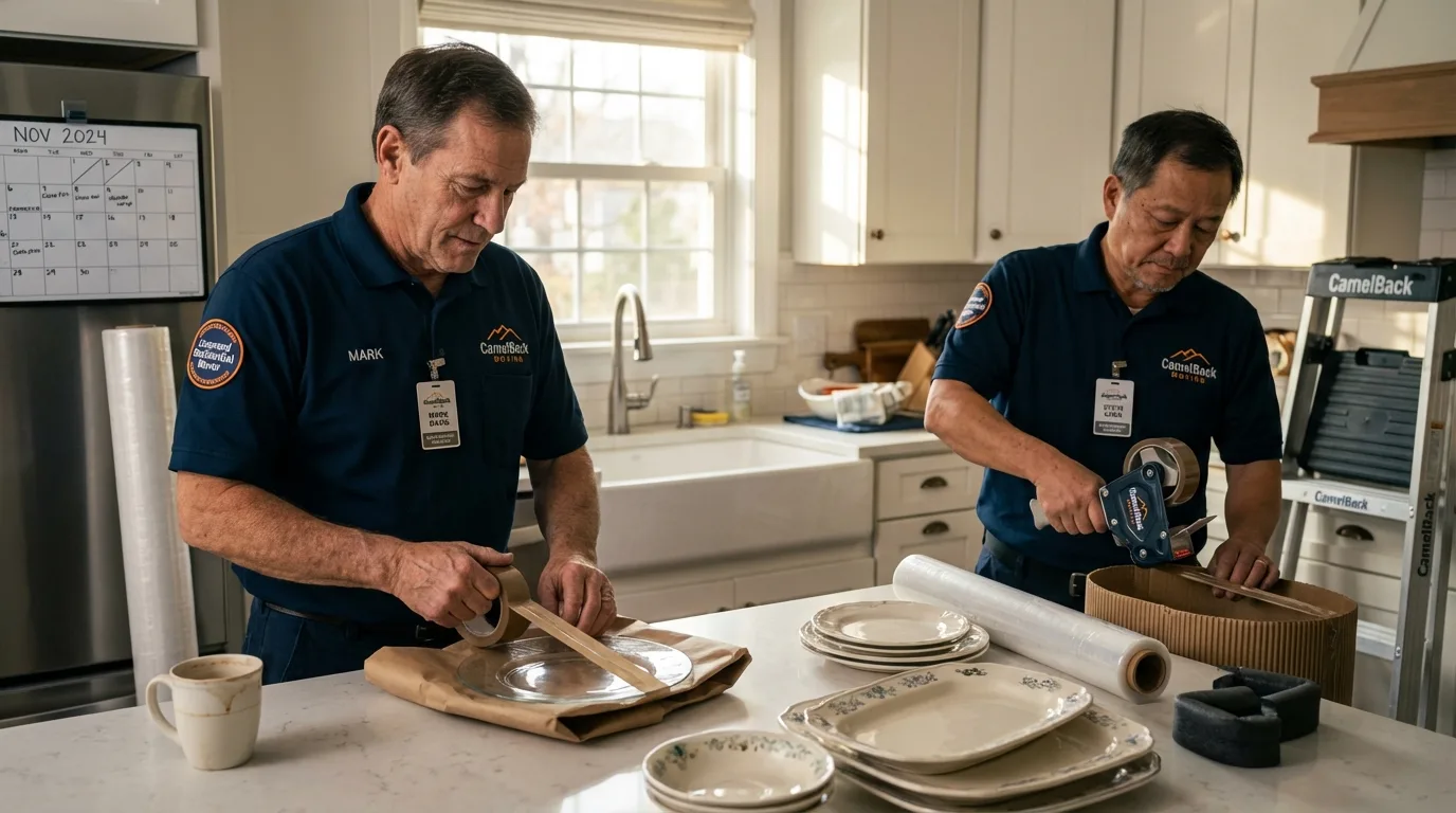 Professional crew packing kitchen dishware in Bad Axe, MI